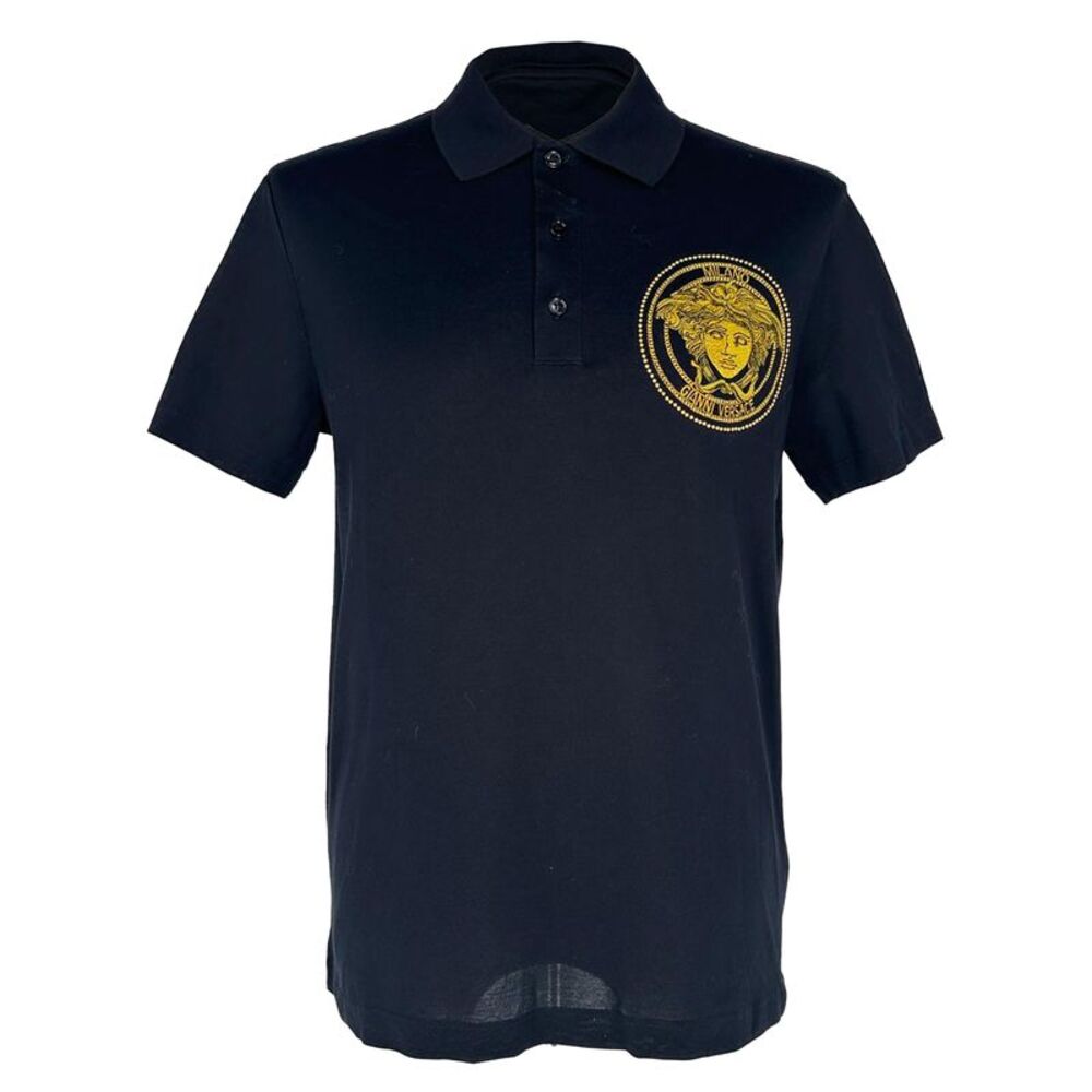 Versace Medusa Embroidered Polo Shirt in Navy Blue Cotton